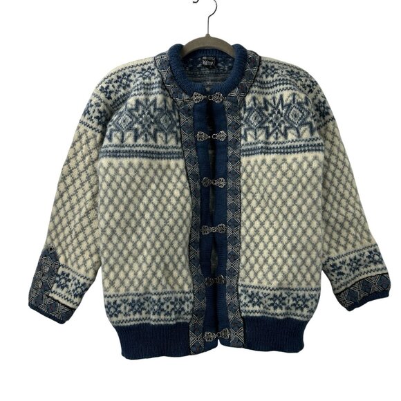 Vintage Dale Of Norway Fair Isle Wool Cardigan  Women Small/XS Blue Nordic Clasp - Picture 10 of 16